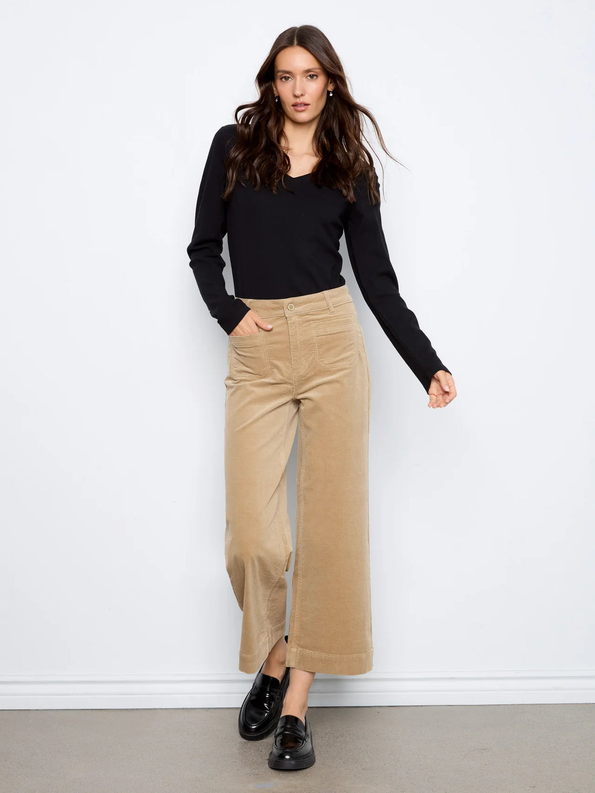 Cropped Patch Pocket Wide Leg Corduroy Pants by Charlie B in Latte