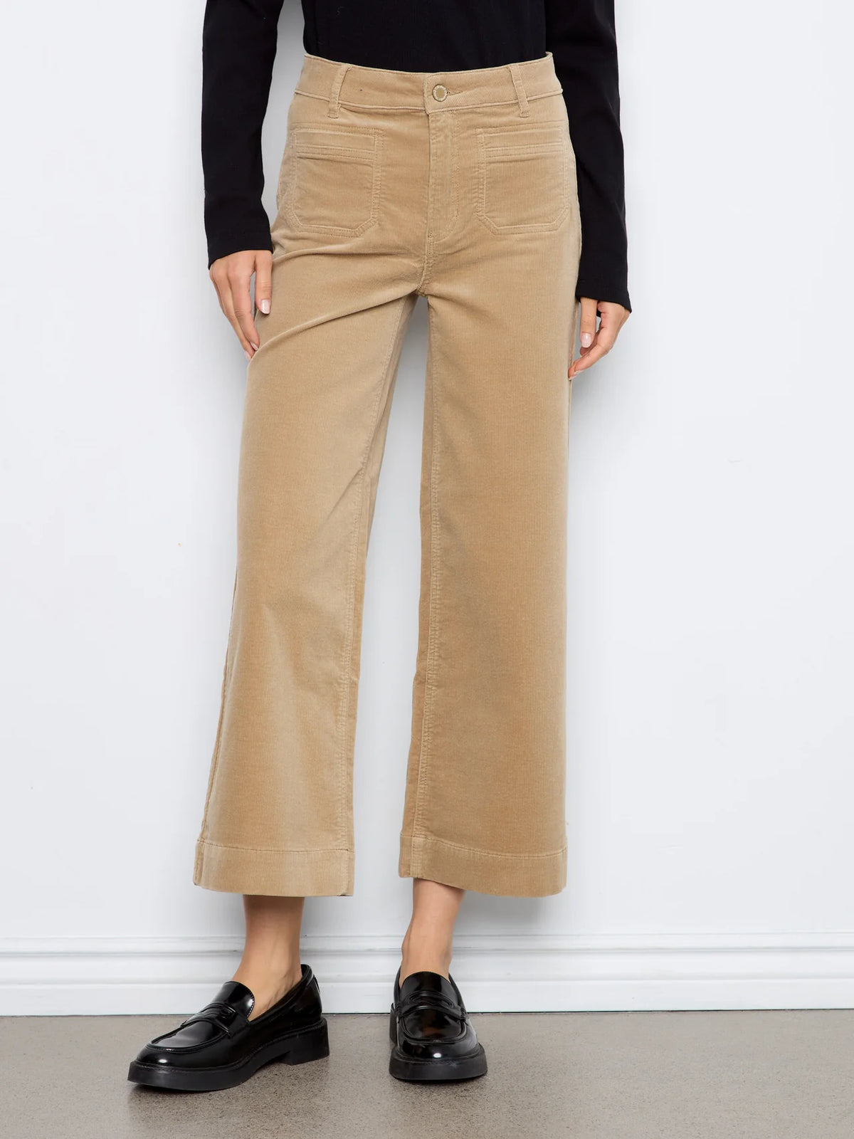 Cropped Patch Pocket Wide Leg Corduroy Pants by Charlie B in Latte