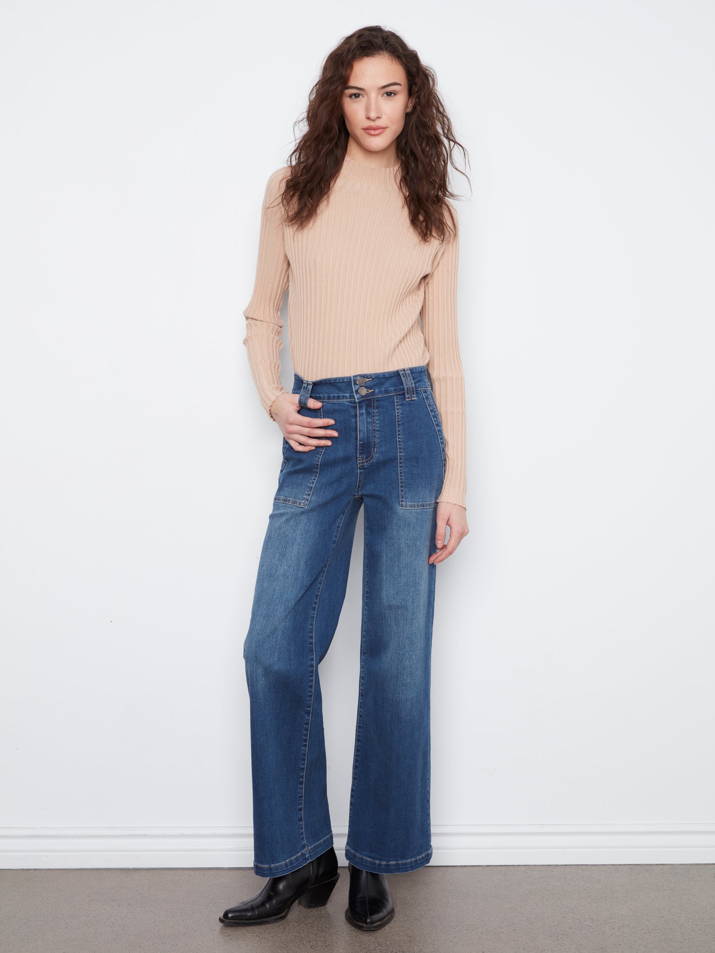 Wide Leg Patch Pocket Jeans by Charlie B in Washed Indigo