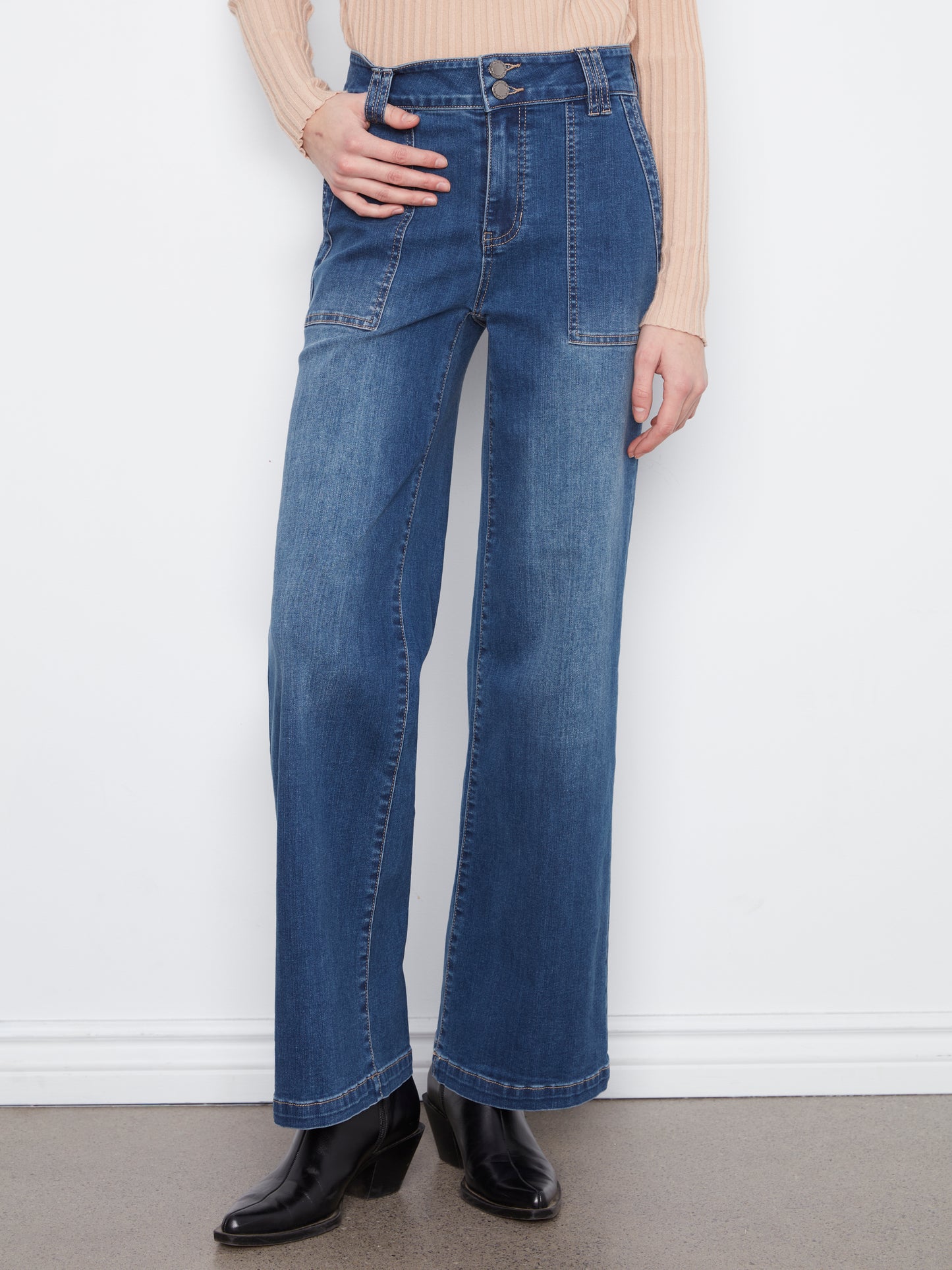 Wide Leg Patch Pocket Jeans by Charlie B in Washed Indigo