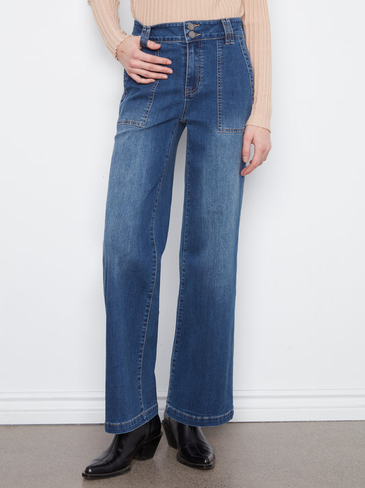 Wide Leg Patch Pocket Jeans by Charlie B in Washed Indigo
