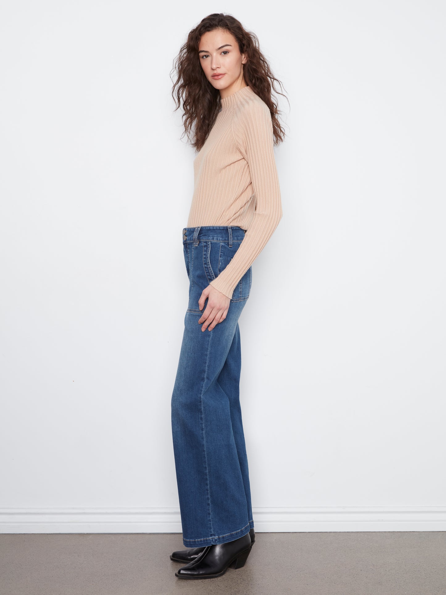 Wide Leg Patch Pocket Jeans by Charlie B in Washed Indigo