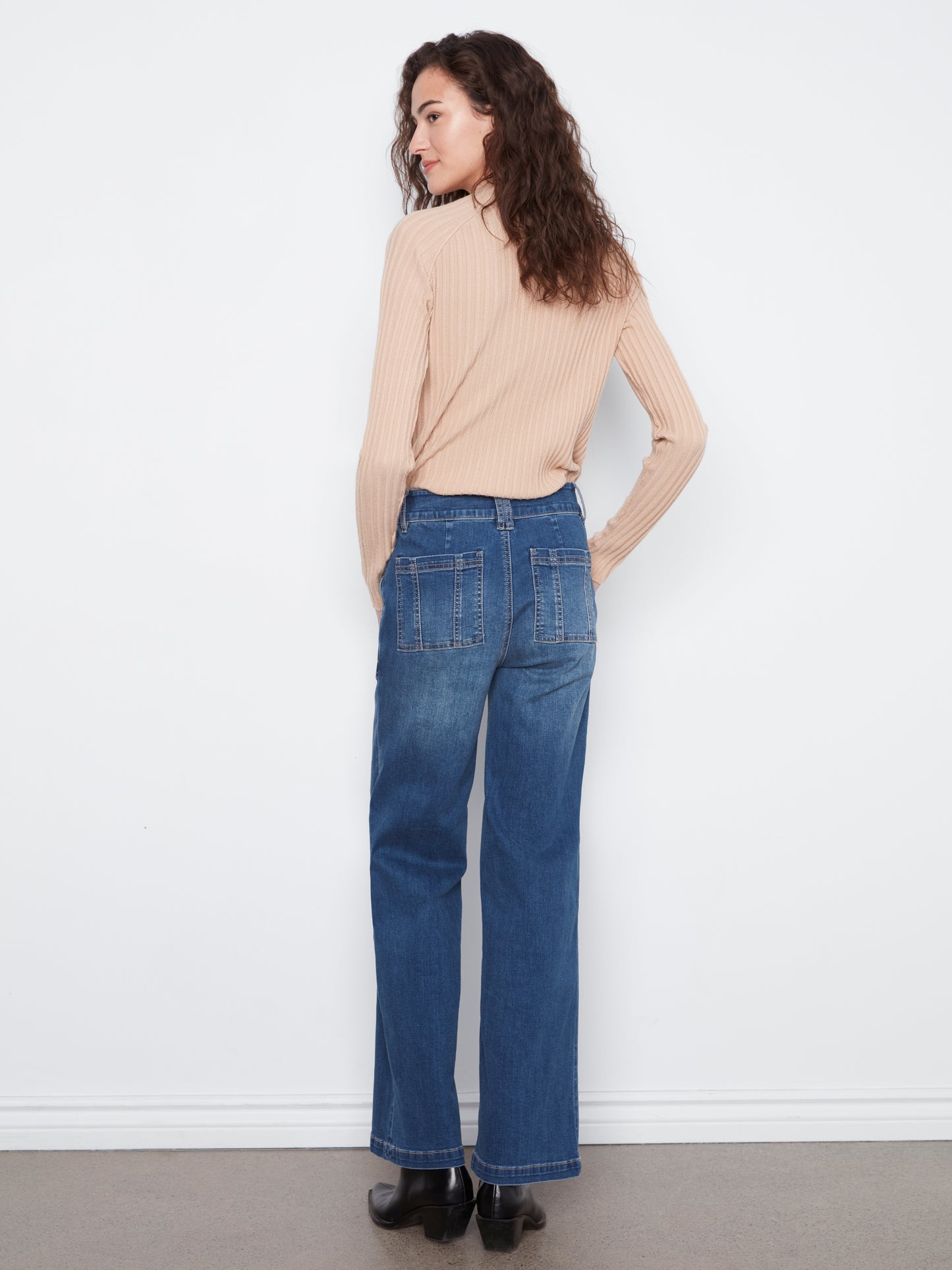 Wide Leg Patch Pocket Jeans by Charlie B in Washed Indigo