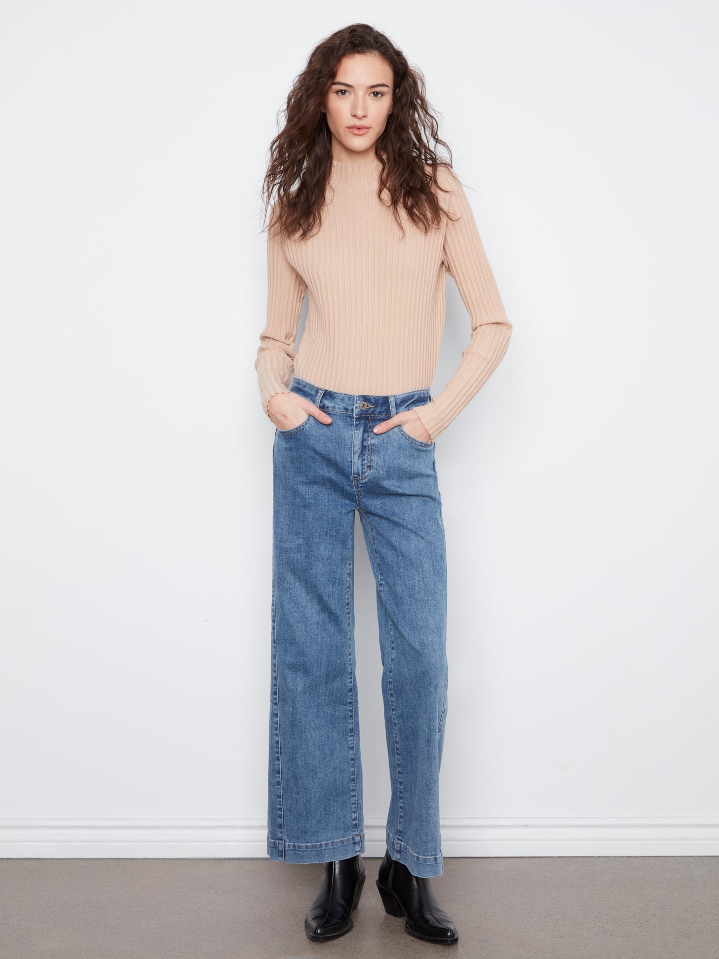 Wide Leg Stretch Denim Jeans by Charlie B in Medium Blue