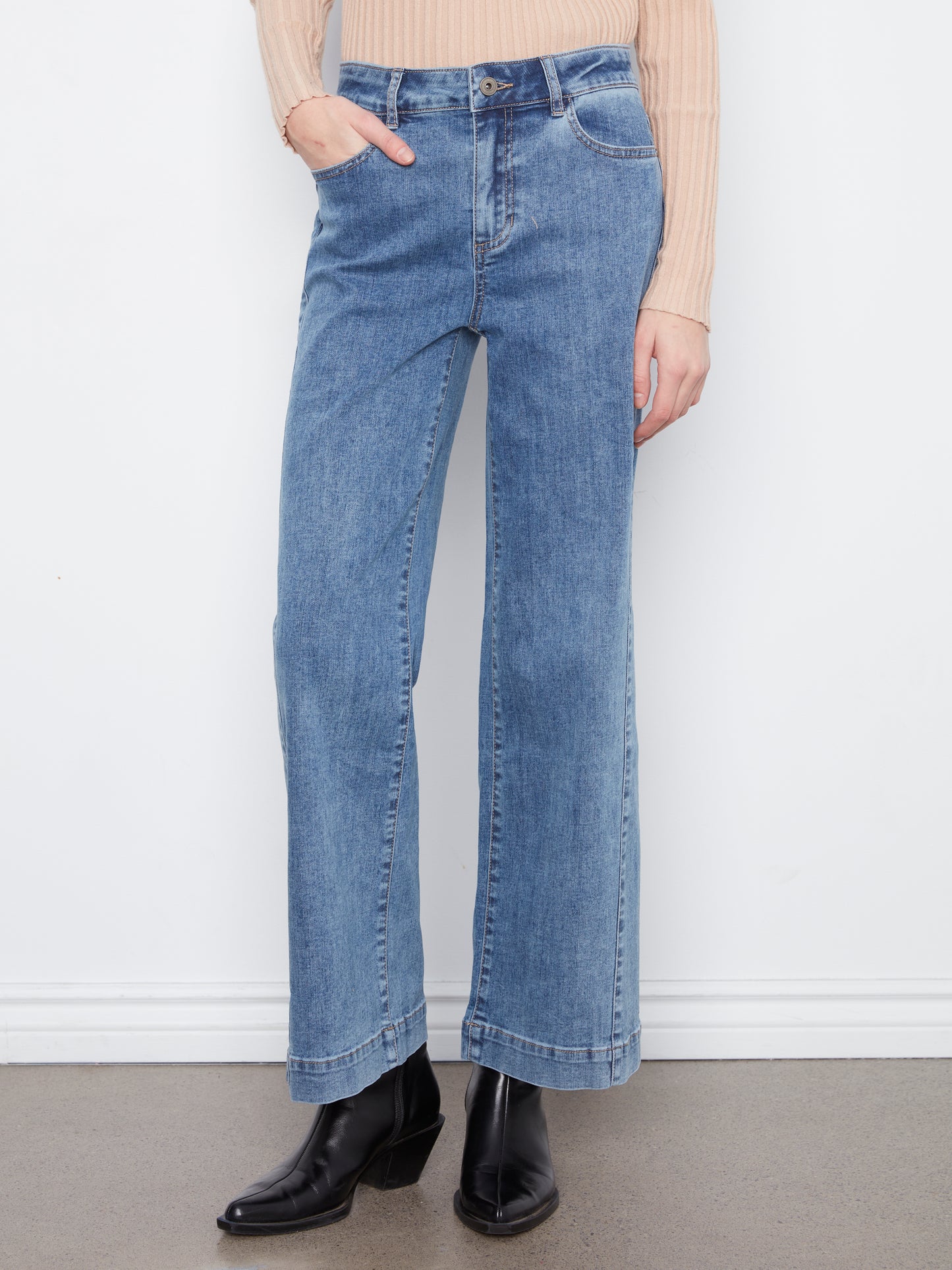 Wide Leg Stretch Denim Jeans by Charlie B in Medium Blue