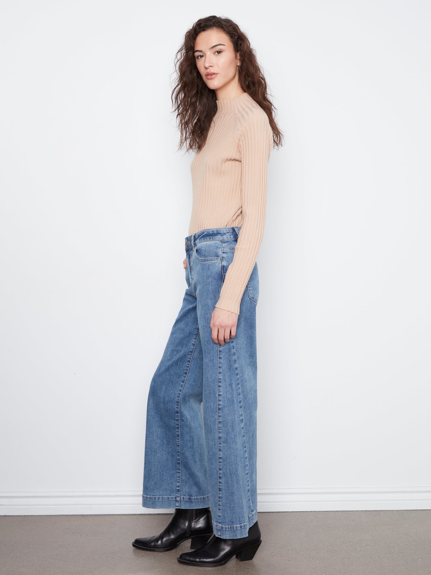 Wide Leg Stretch Denim Jeans by Charlie B in Medium Blue