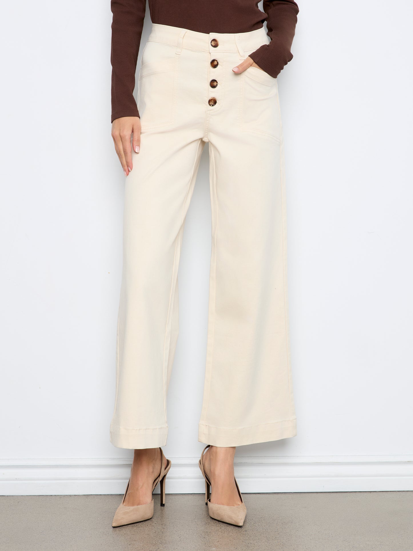 Wide Leg Button Front Patch Pocket Pants by Charlie B in Natural