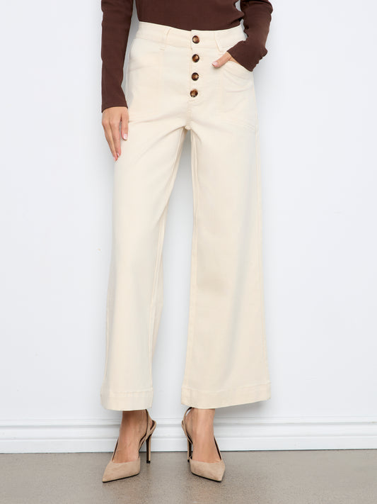 Wide Leg Button Front Patch Pocket Pants by Charlie B in Natural