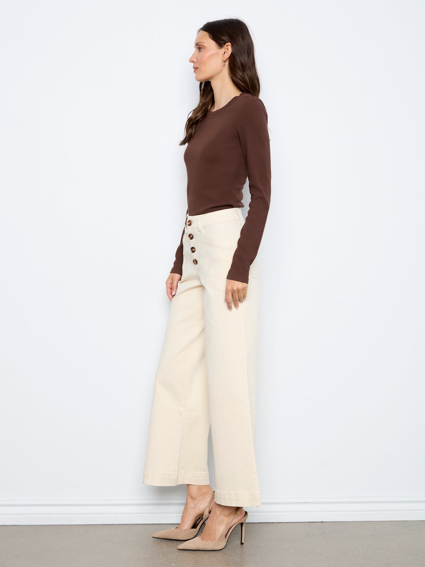 Wide Leg Button Front Patch Pocket Pants by Charlie B in Natural