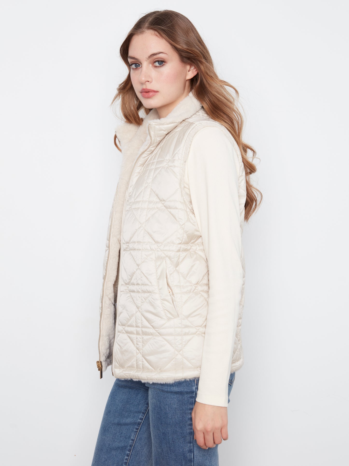 Reversible Faux Fur Vest by Charlie B in Pearl