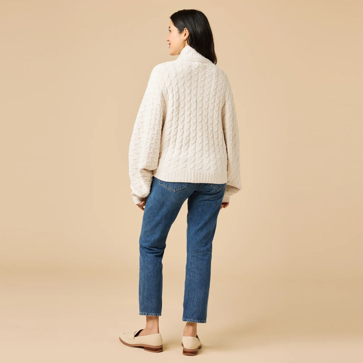 Cable Knit Marshmallow Funnel Neck Double Zip Jacket by Softies in Almond
