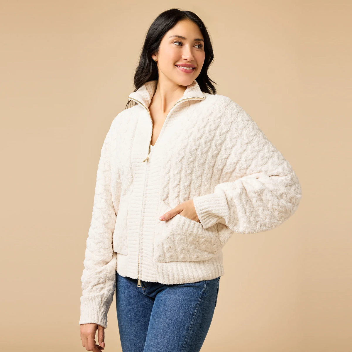 Cable Knit Marshmallow Funnel Neck Double Zip Jacket by Softies in Almond