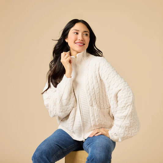 Cable Knit Marshmallow Funnel Neck Double Zip Jacket by Softies in Almond
