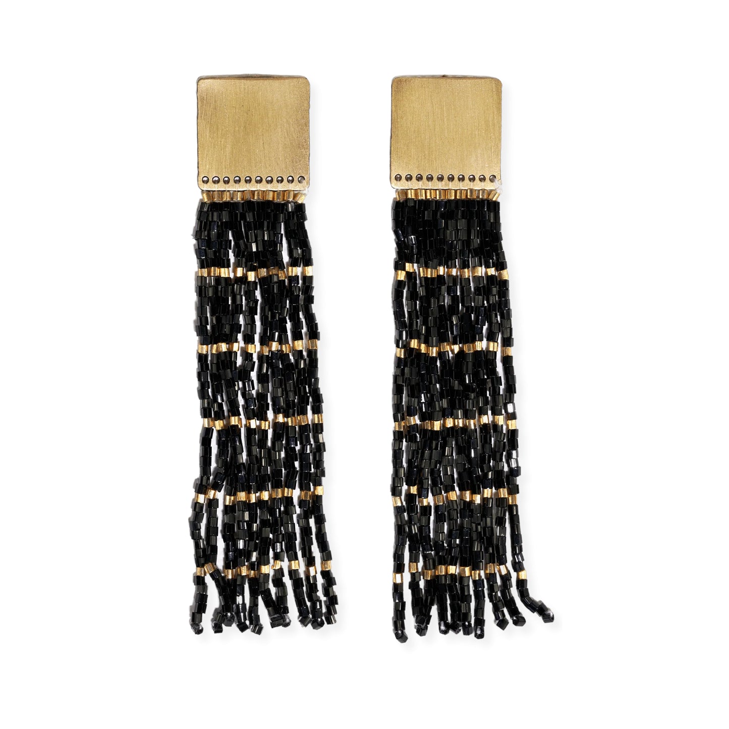 Harlow Brass With Gold Stripe Beaded Fringe Earring by Ink+Alloy in Black