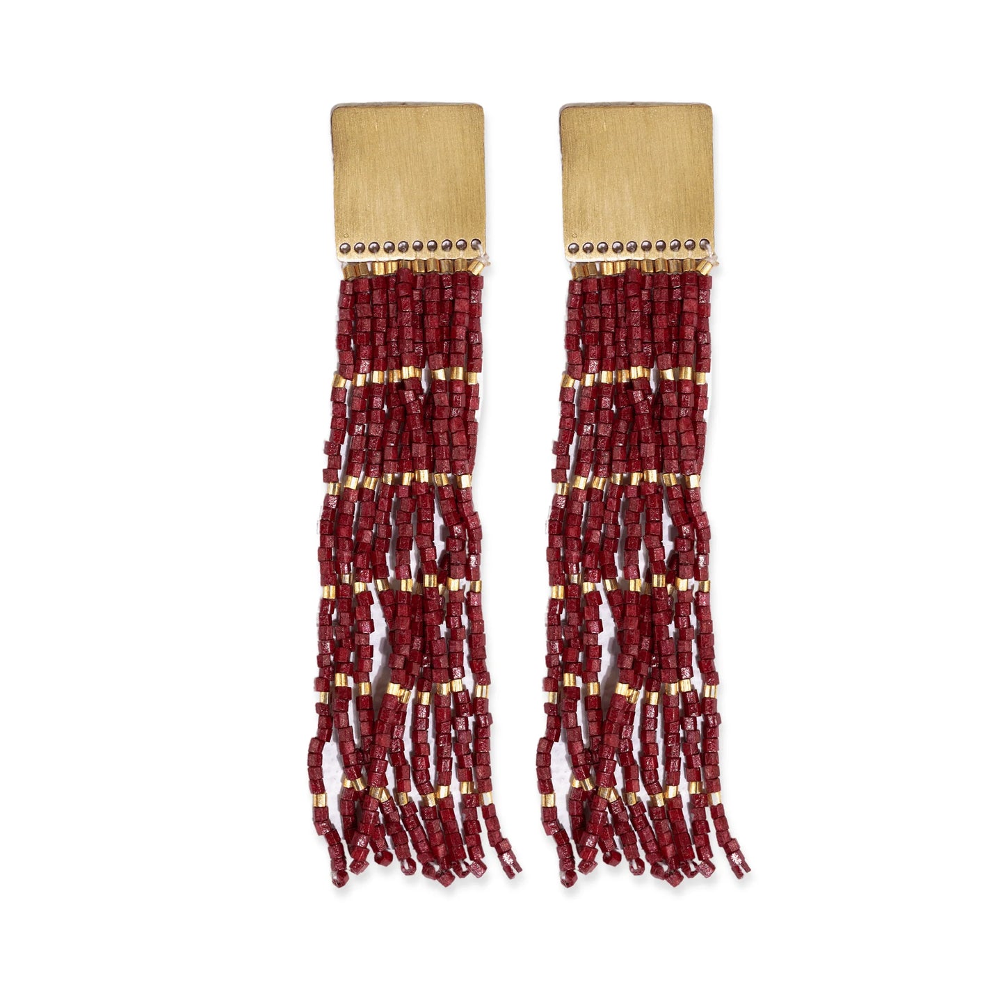 Harlow Brass With Gold Stripe Beaded Fringe Earring by Ink+Alloy in Maroon