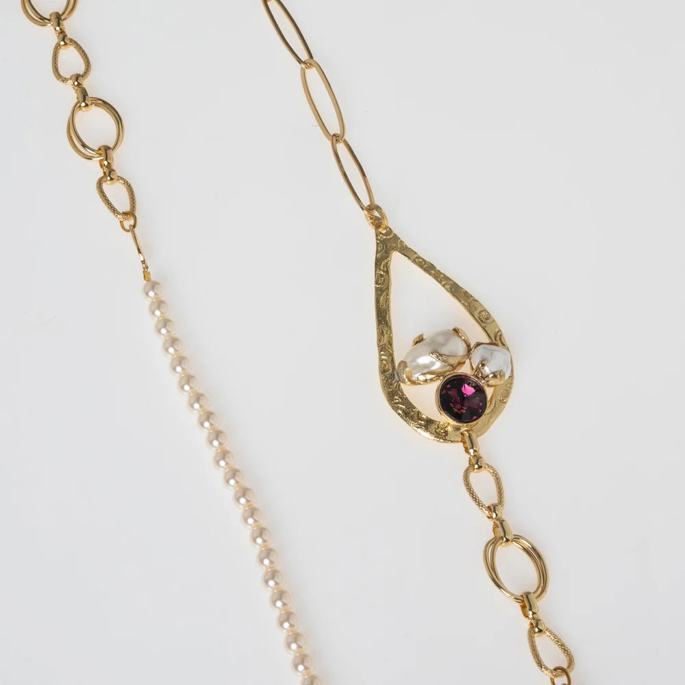 Mire Chanel Necklace by Kalliope Jewelry in Amethyst Crystal / Creamrose Light Pearl