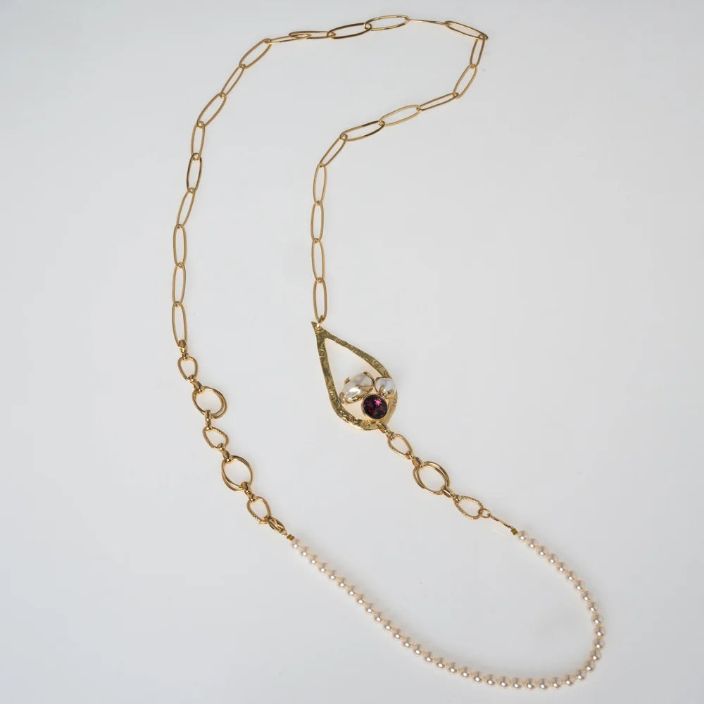 Mire Chanel Necklace by Kalliope Jewelry in Amethyst Crystal / Creamrose Light Pearl