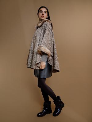 Chambord Faux Fur Collar/Sleeves Poncho by Maison Lurex in Cream