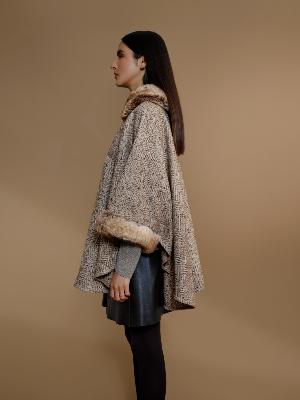 Chambord Faux Fur Collar/Sleeves Poncho by Maison Lurex in Cream