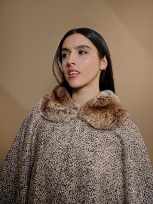 Chambord Faux Fur Collar/Sleeves Poncho by Maison Lurex in Cream