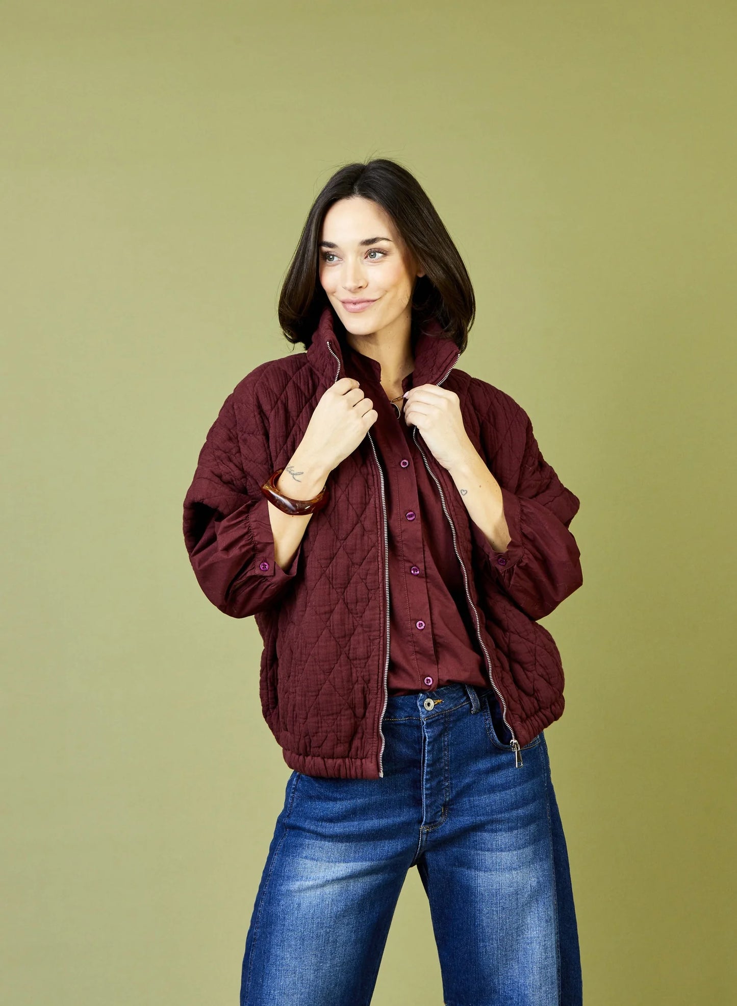 Charlston Quilted Zip Jacket by Suzy D London in Claret