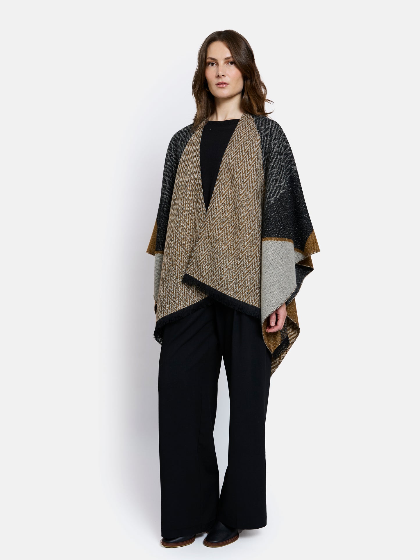 Chantilly Open Poncho by Maison Lurex in Grey/Brown
