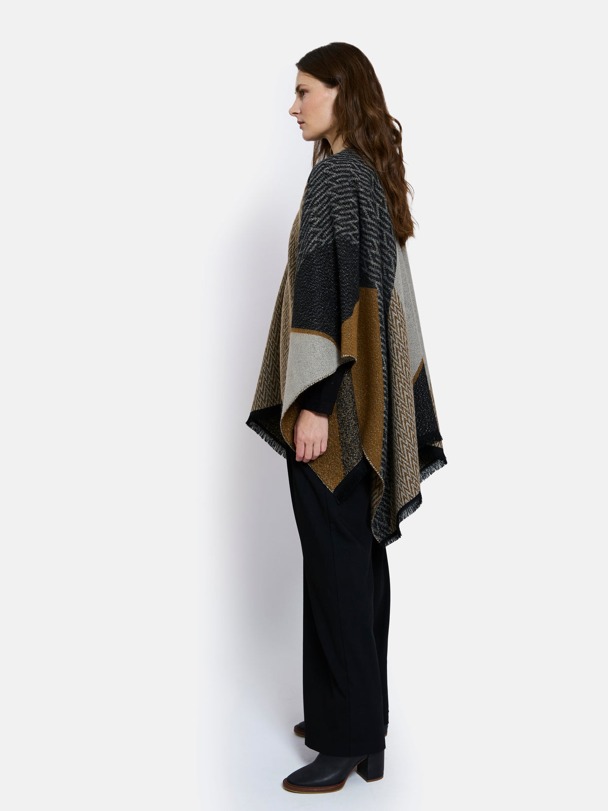 Chantilly Open Poncho by Maison Lurex in Grey/Brown