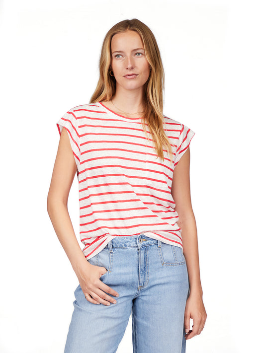 Relaxed Cap Sleeve Tee by Sanctuary in Cayenne/White Stripe