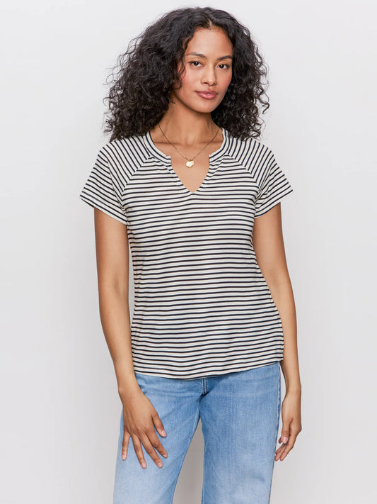 Notch Neck Tee by Sanctuary in Light Oat/Black Stripe