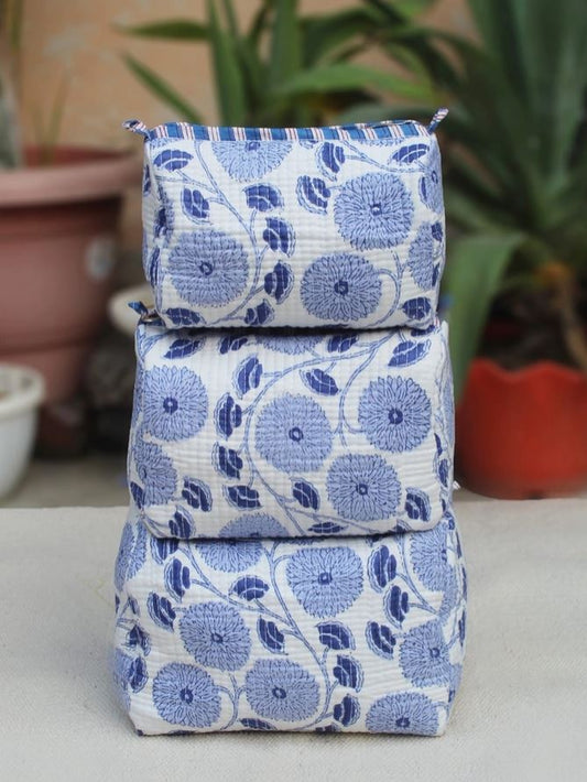Cotton Quilted Makeup/Wash Bag by Ayras World in Blue Daisies