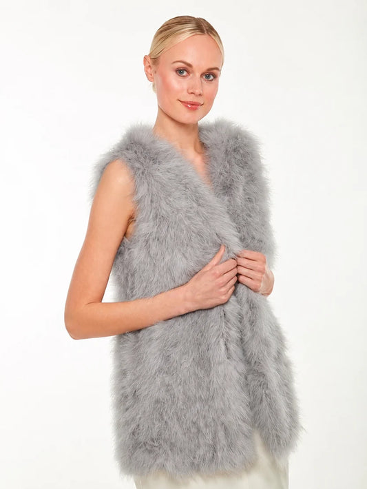 Feather Long Vest by Linda Richards in Grey