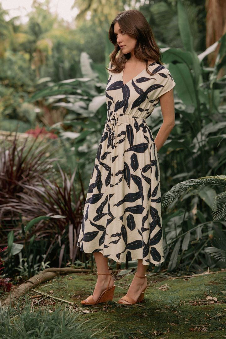 V-Neck Elastic Waist Dress by Fun2Fun in Navy