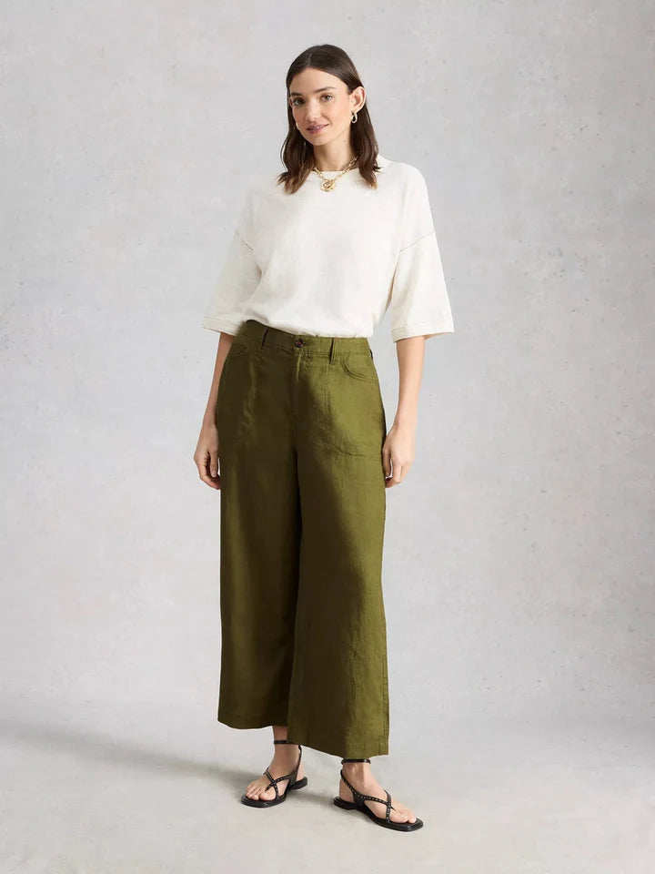Tia Linen Wide Leg Crop by White Stuff in Mid Green