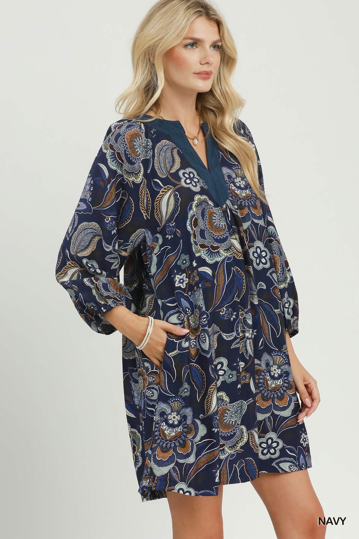 Floral Paisley Split Neck Mini Dress by Umgee in Navy