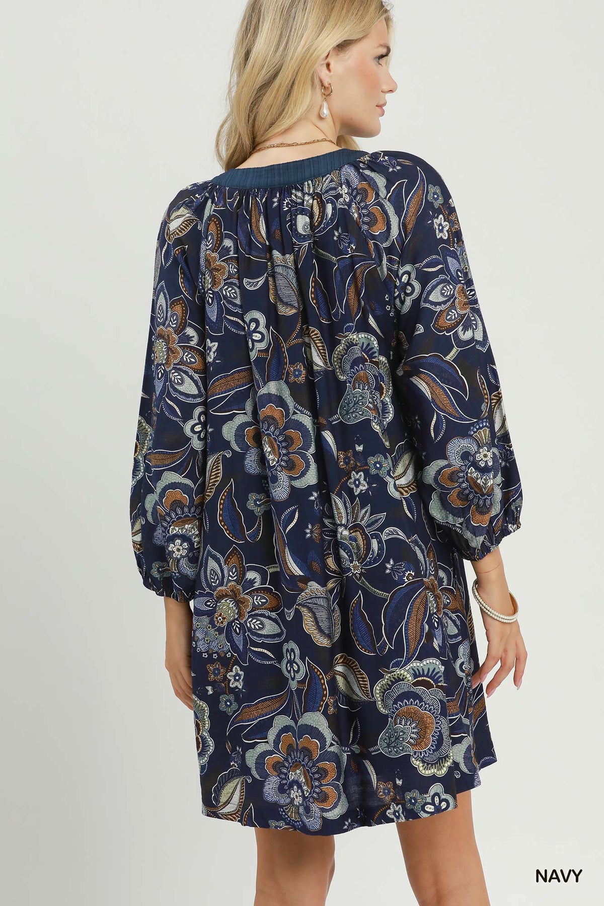 Floral Paisley Split Neck Mini Dress by Umgee in Navy