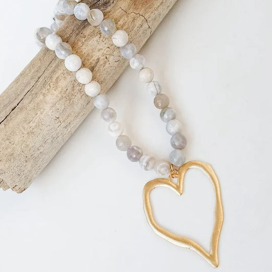 Gemstone Beaded Necklace w/XL Heart by Virtue Jewelry Design in Ocean Blue