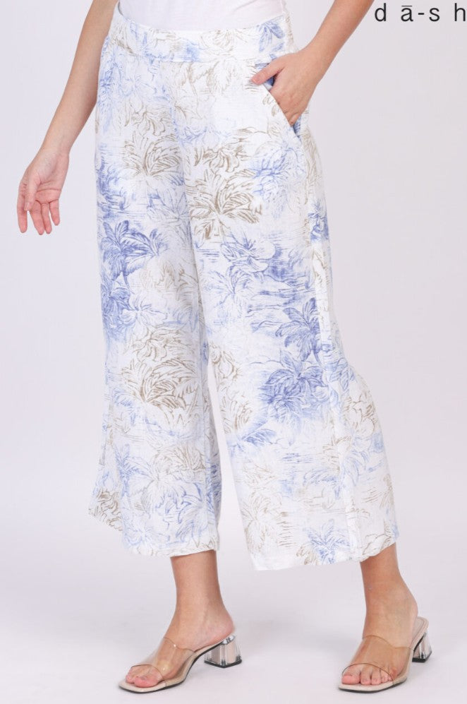 Linen Pant by Dash Clothing in Faded Palm Tree Blue & Tan