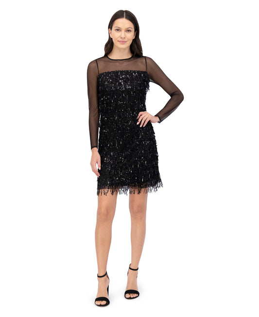 Long Sleeve Sequin Shift Dress by Eliza J in Black