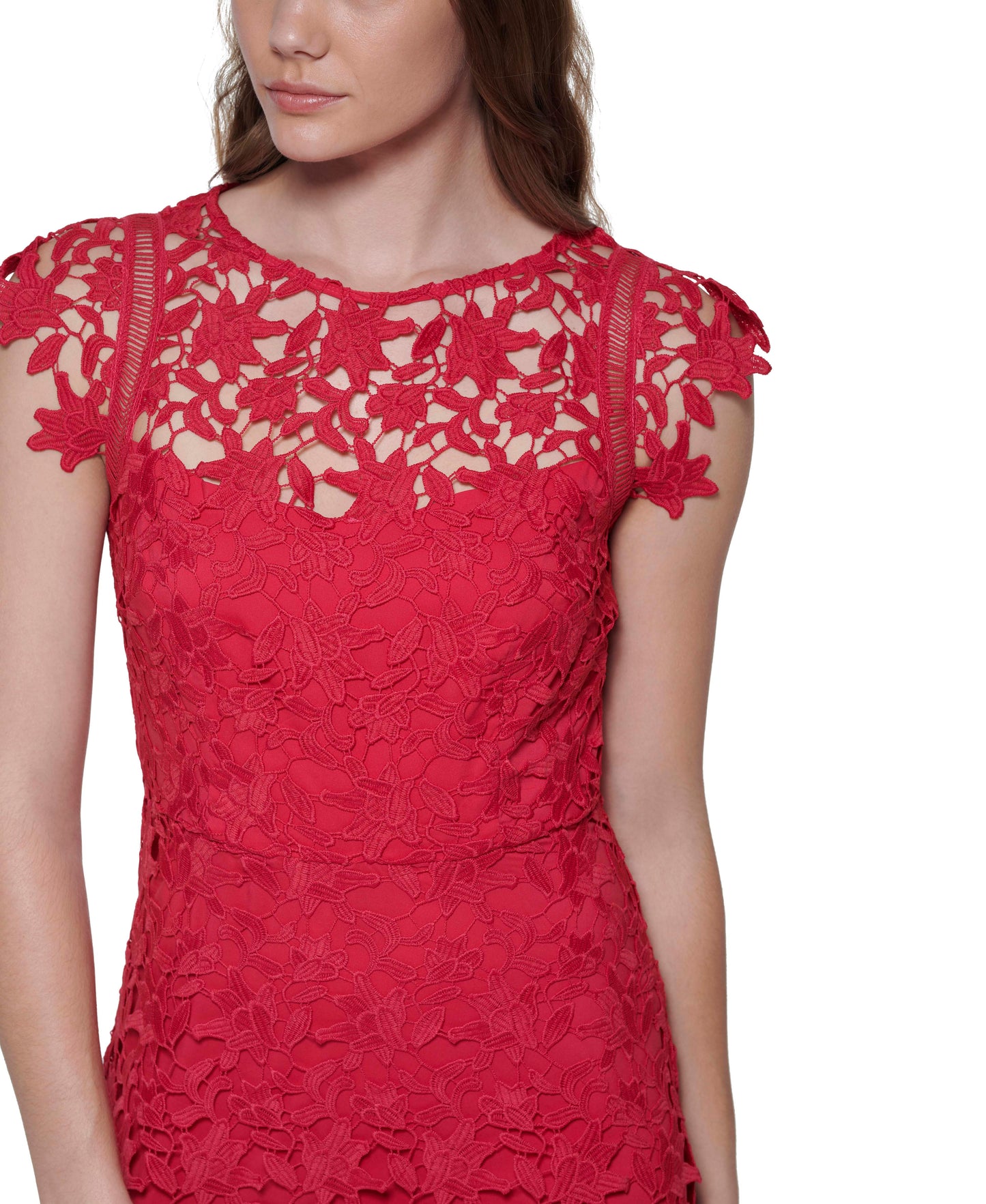 Sleeveless Lace Fit and Flare Dress by Eliza J in Fuchsia