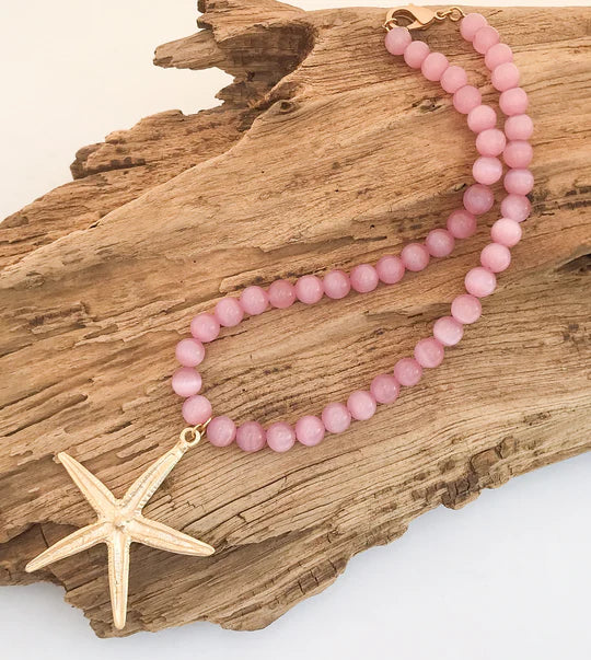 Starfish Pendant on 16" Jumbo Round Shell Pearl Necklace by Virtue Jewelry Design in Blush