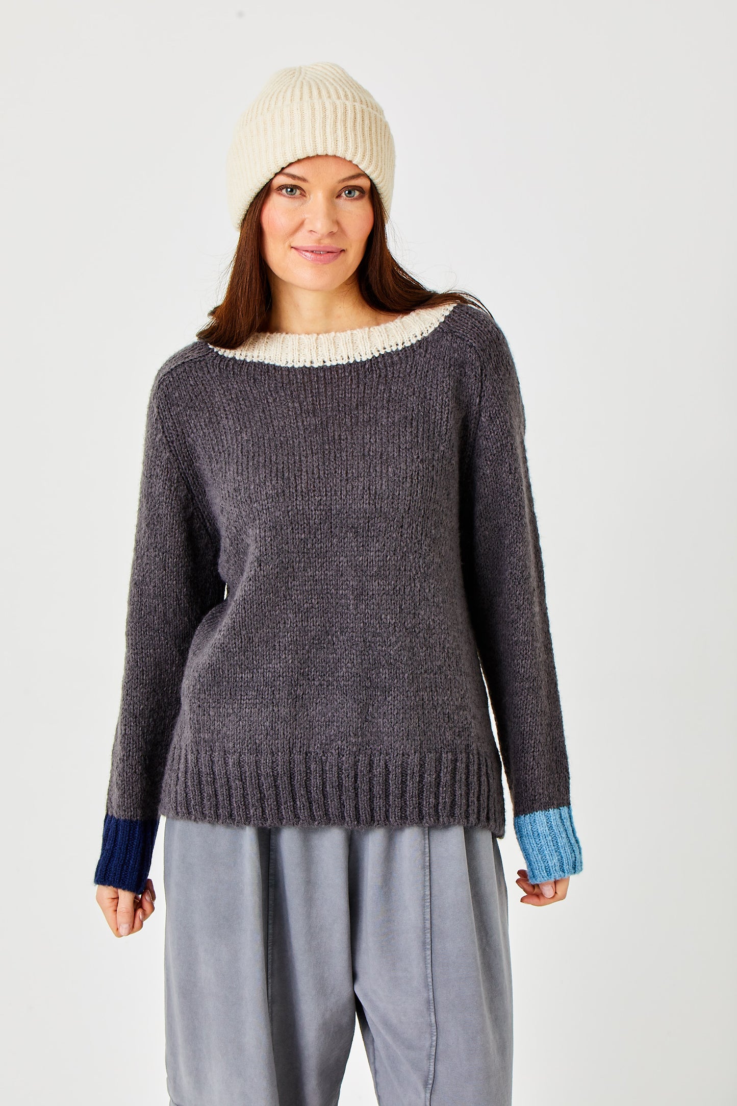 Farris Contrast Trim Soft Knit Sweater by Suzy D London in Grey Contrast