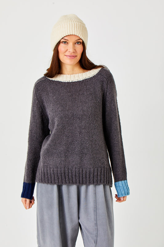 Farris Contrast Trim Soft Knit Sweater by Suzy D London in Grey Contrast
