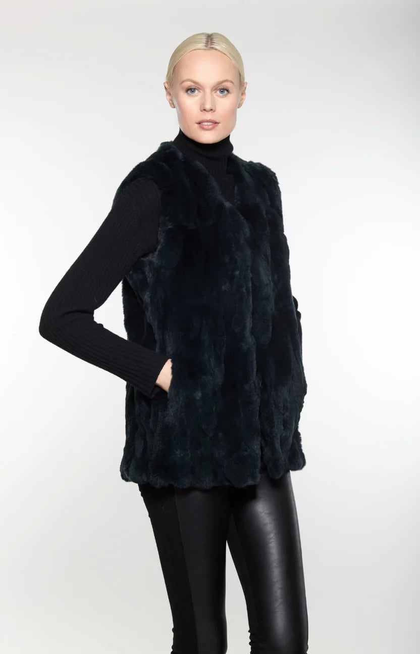 Rex Rabbit V-Neck Fur Vest by Linda Richards in Black