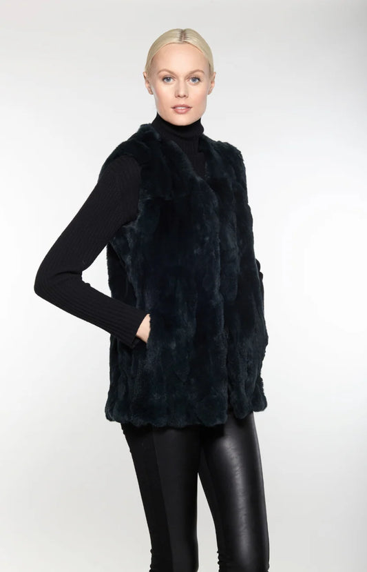 Rex Rabbit V-Neck Fur Vest by Linda Richards in Black
