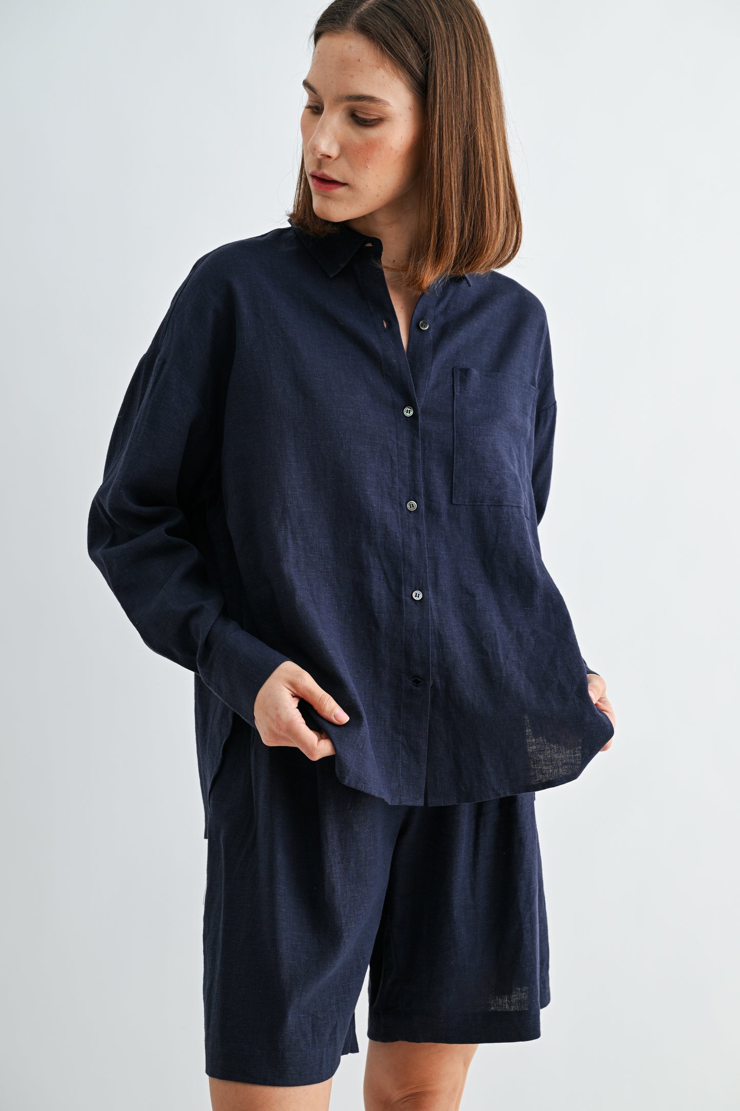 Linen Drop Shoulder Shirt by Fun2Fun in Navy