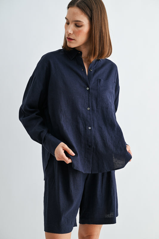 Linen Drop Shoulder Shirt by Fun2Fun in Navy