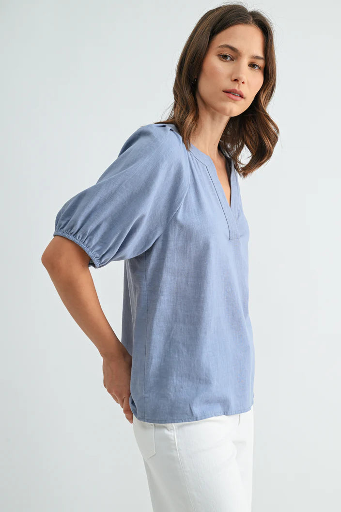 Linen Blend Pleated Raglan Top by Fun2Fun in Chambray