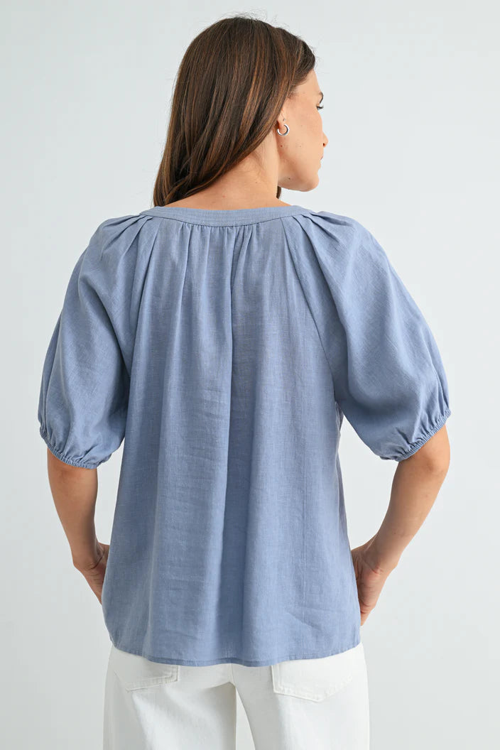 Linen Blend Pleated Raglan Top by Fun2Fun in Chambray