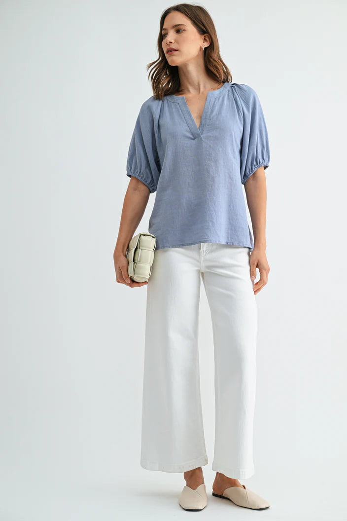 Linen Blend Pleated Raglan Top by Fun2Fun in Chambray