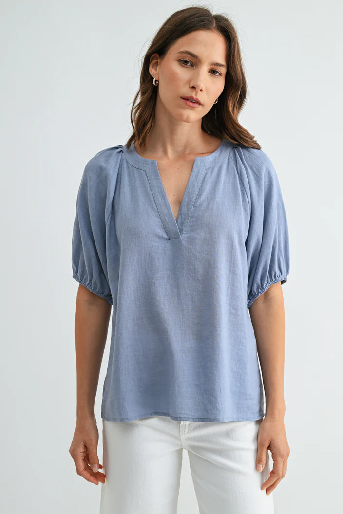 Linen Blend Pleated Raglan Top by Fun2Fun in Chambray